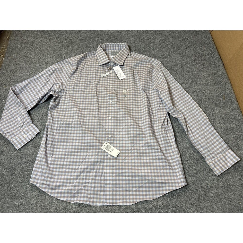 Michael Kors Dress Shirt Mens 18 34/35 Blue Gingham Non Iron Stretch Cotton LS